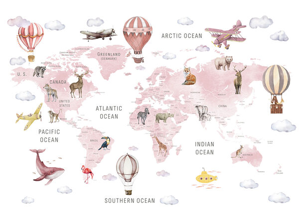 Map of the world with animals and birds