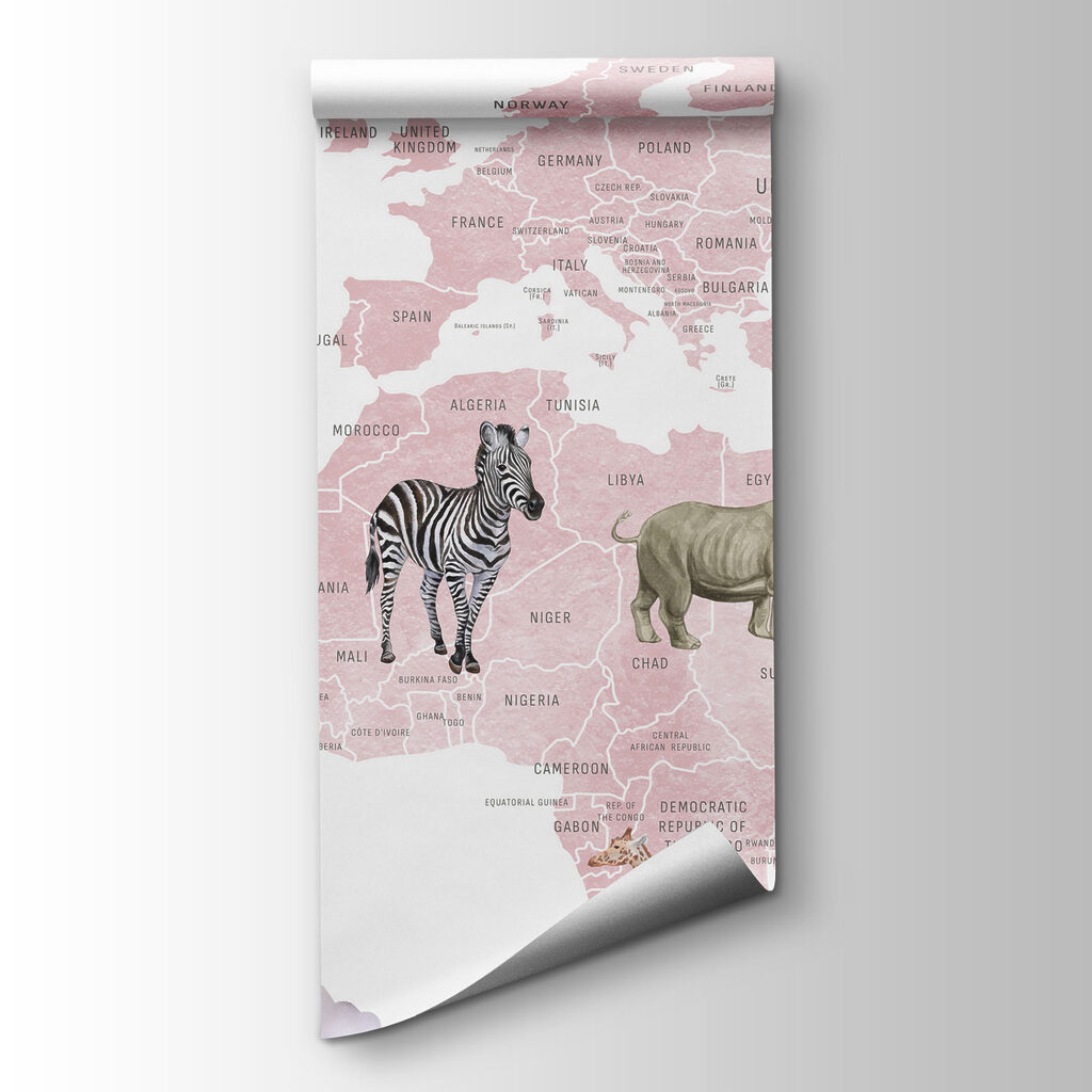 Map of the world with animals and birds