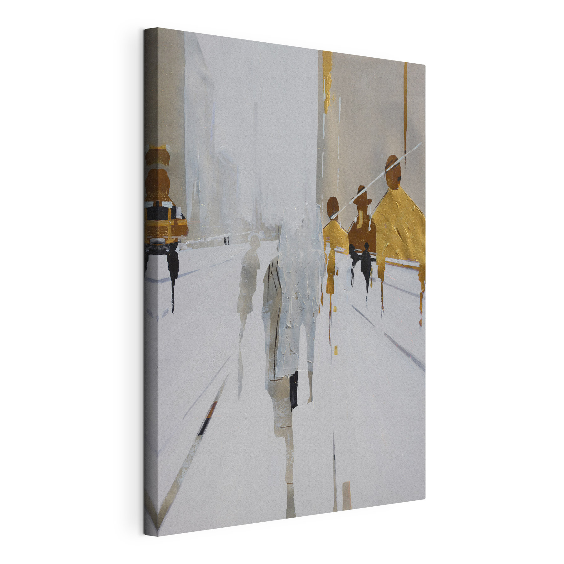A painting of people walking on a snowy street