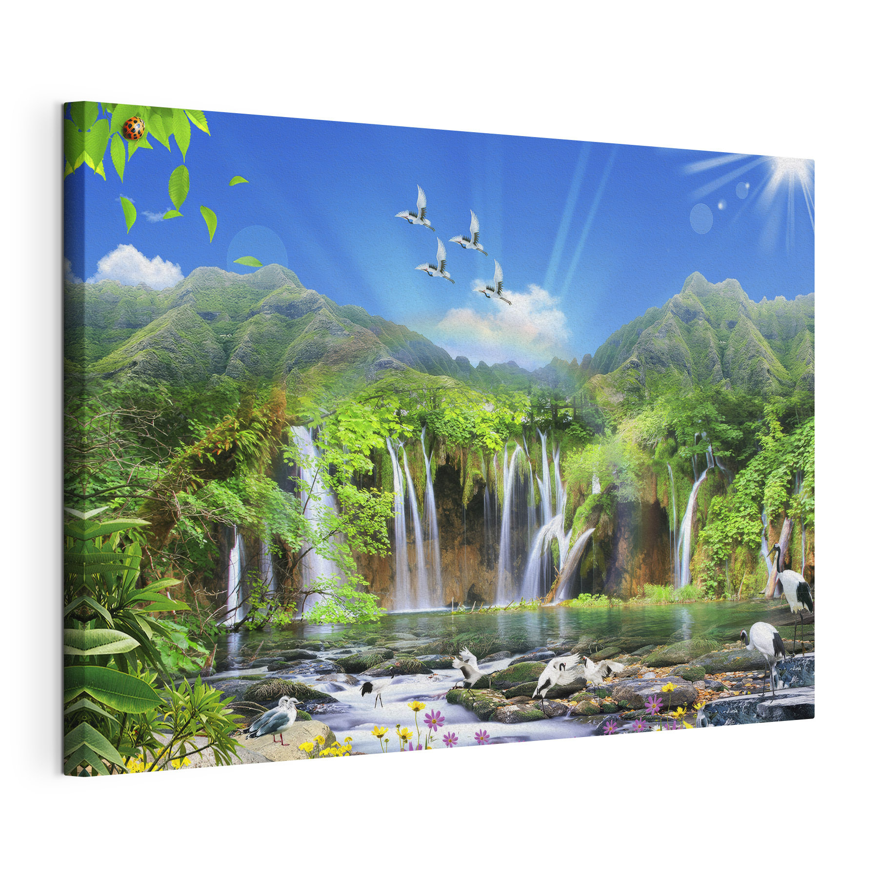A waterfall with birds flying over it