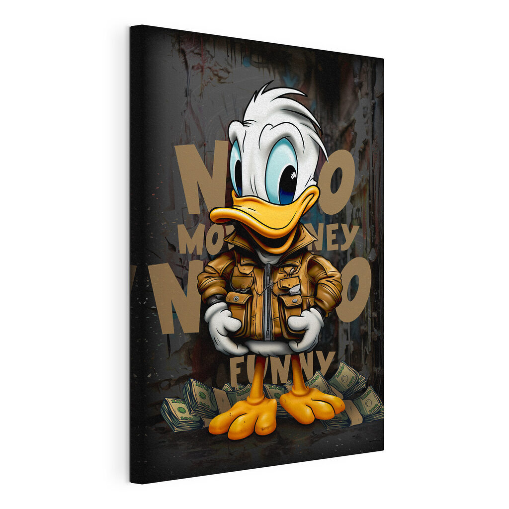 Cartoon duck wearing a jacket and holding a bunch of money