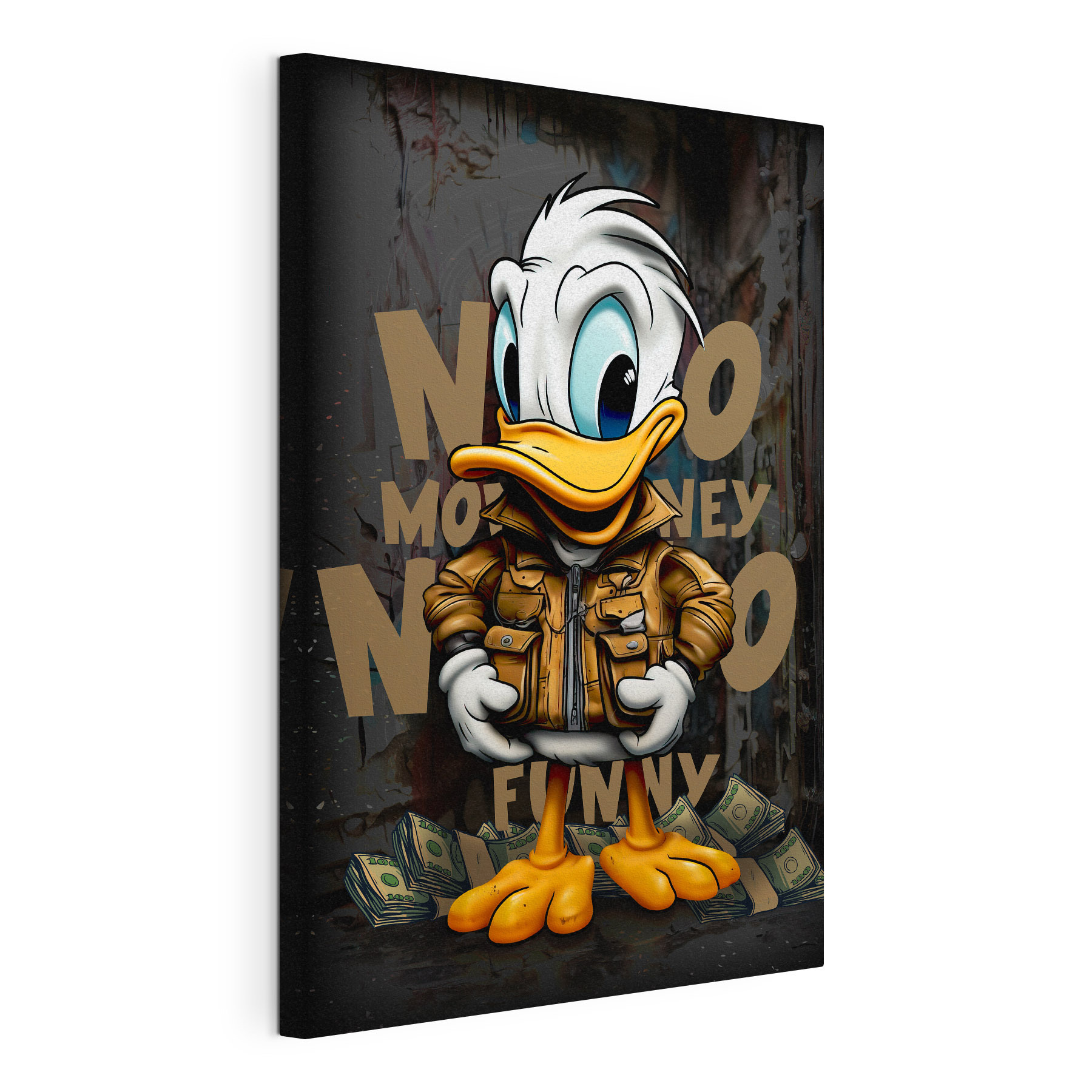 Cartoon duck wearing a jacket and holding a bunch of money