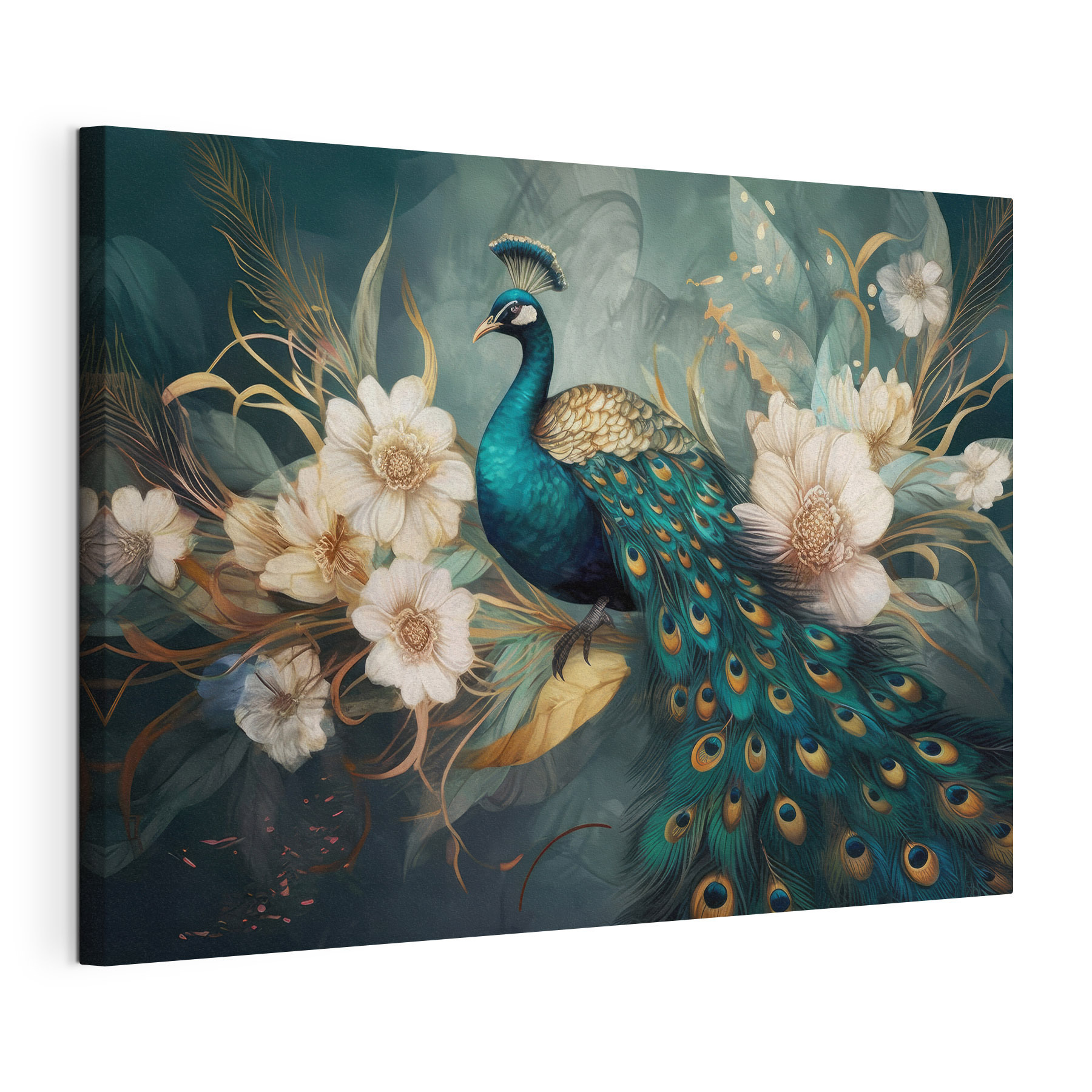 A peacock sitting on a branch with flowers