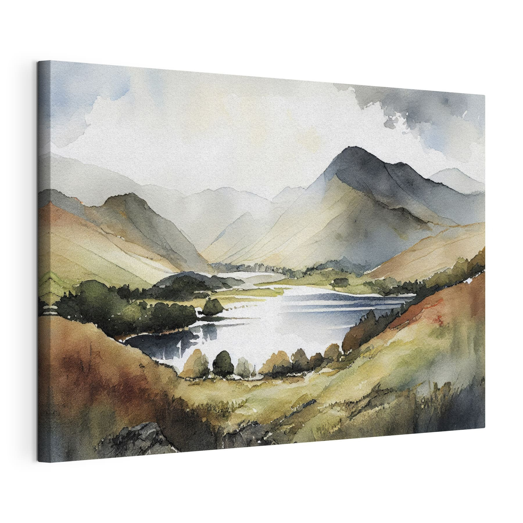 Watercolor of a lake surrounded by mountains Watercolor of a lake surrounded by mountains