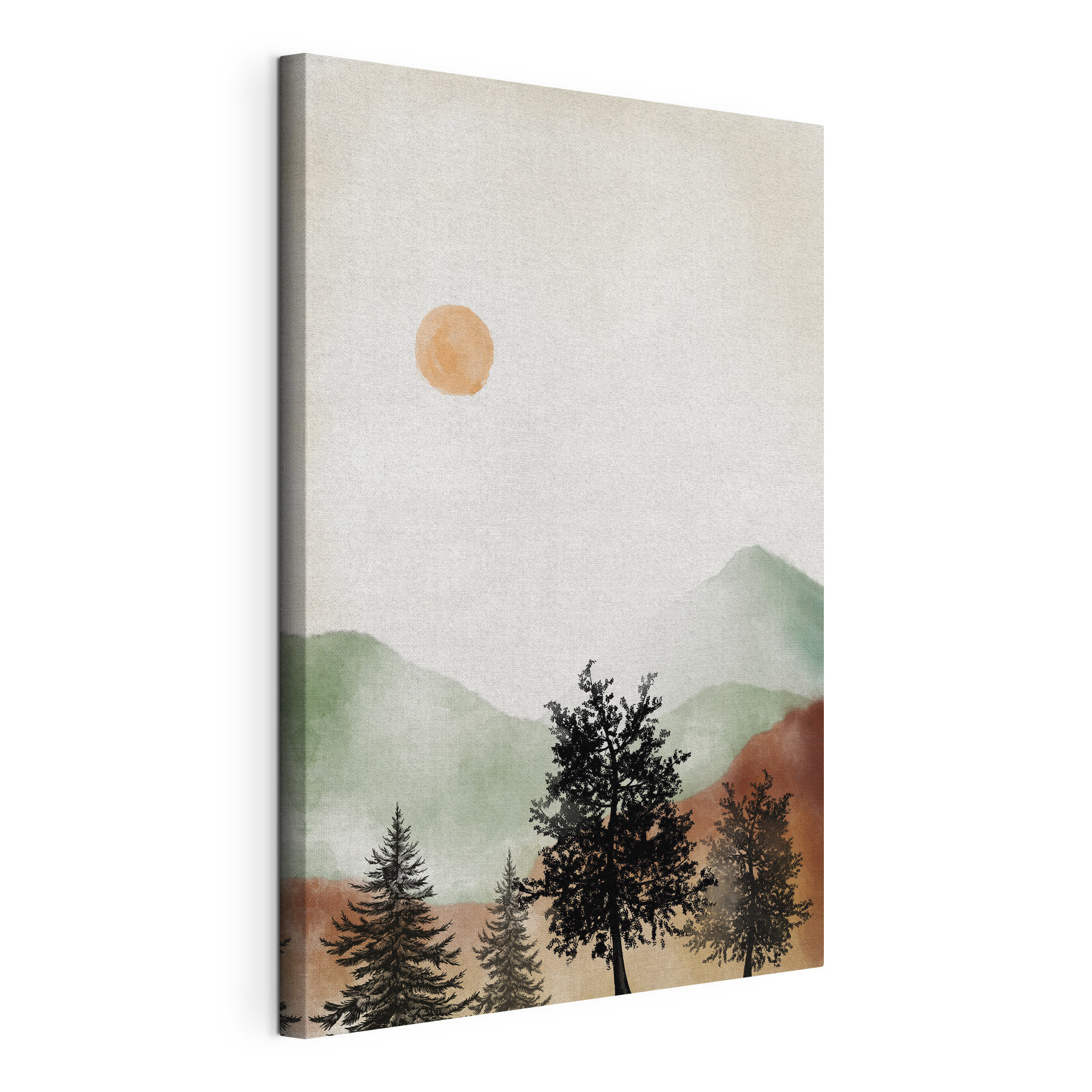 A painting of a mountain landscape with trees and mountains A painting of a mountain landscape with trees and mountains