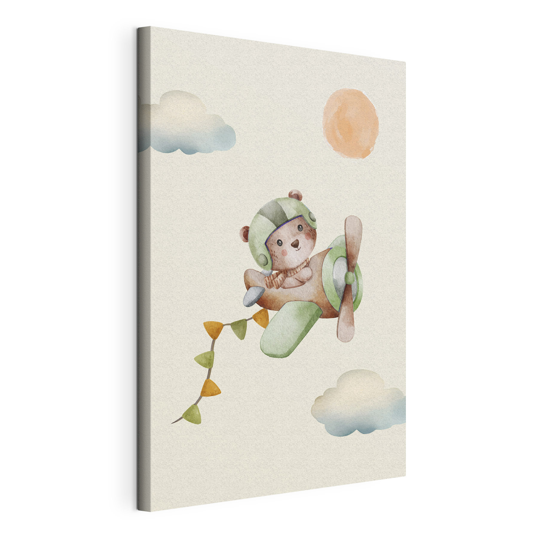 A watercolor painting of a teddy bear in a plane
