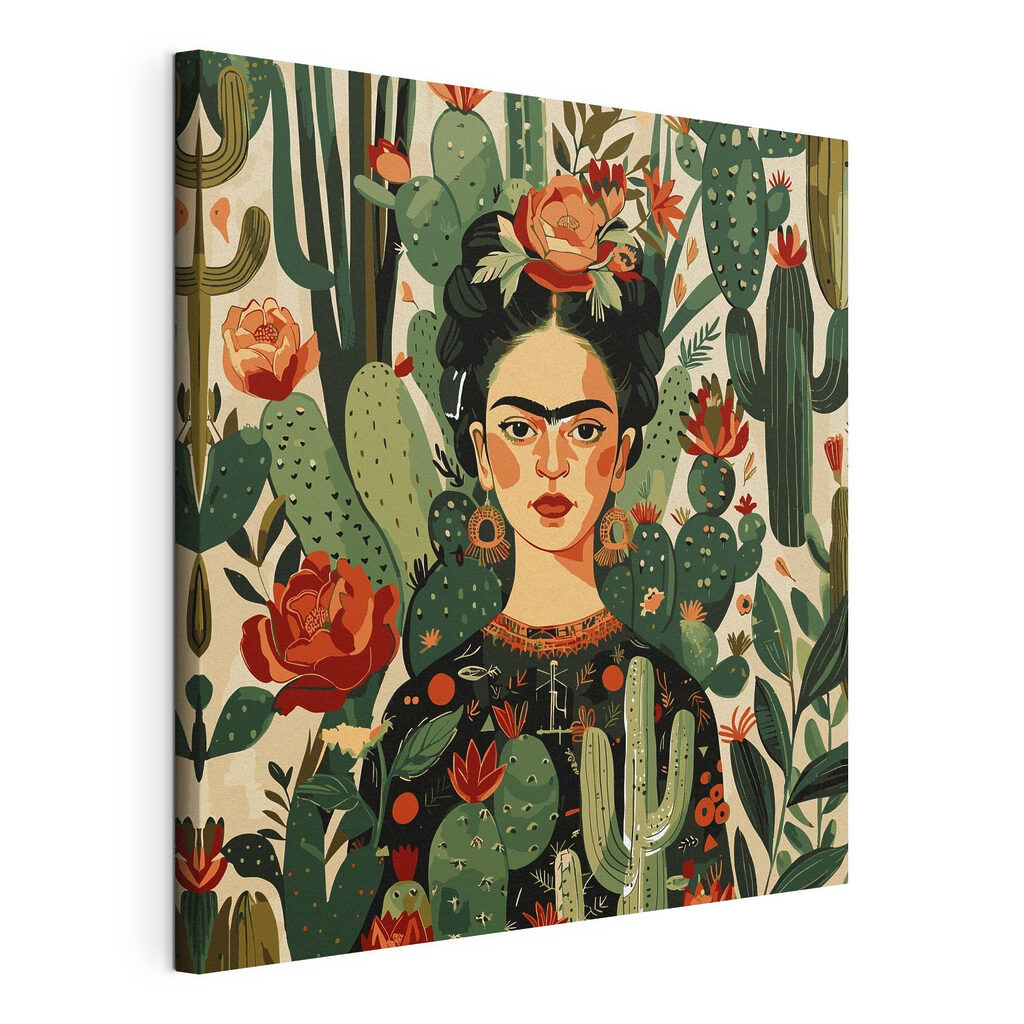 A painting of a woman with cactuses