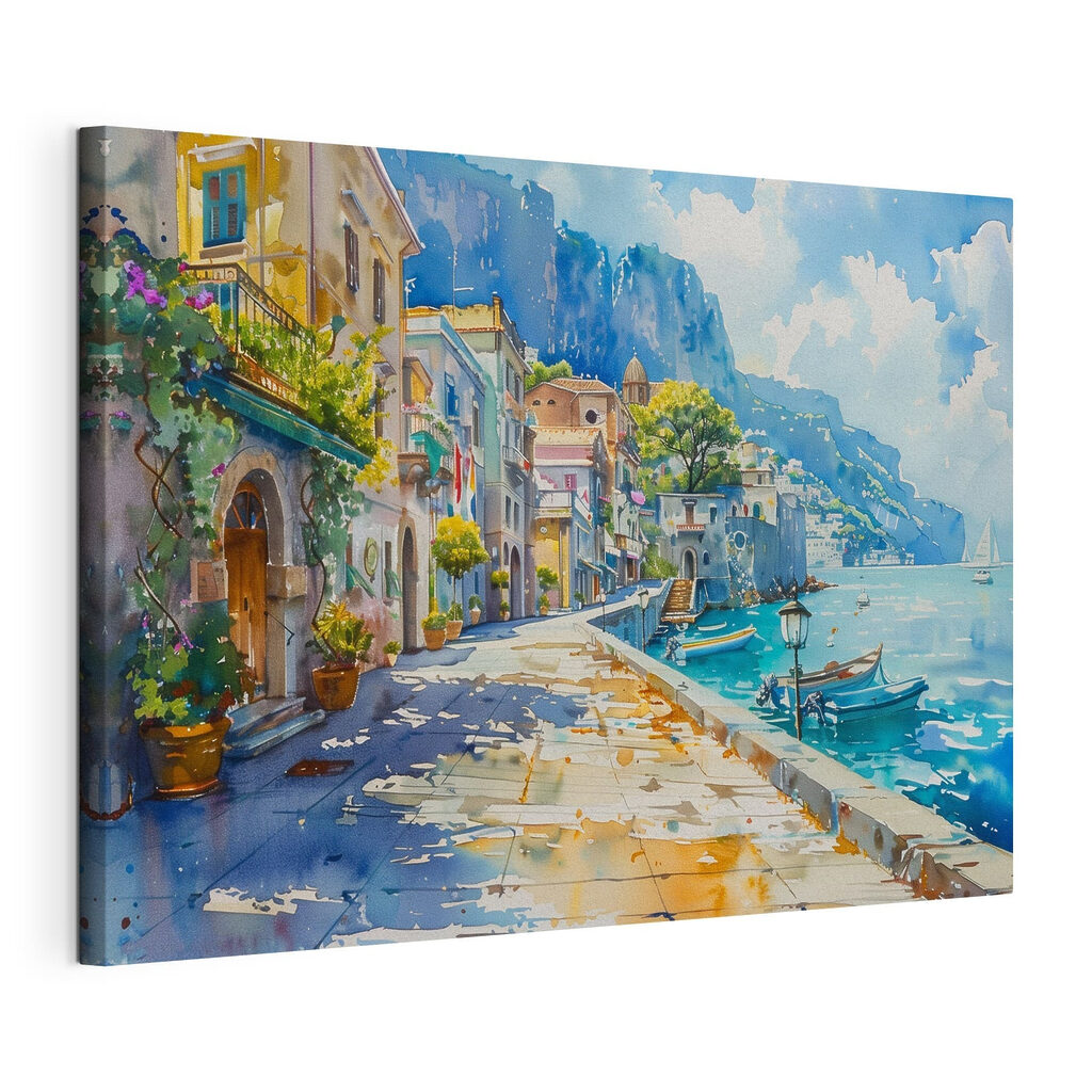 Watercolor of a city along a body of water Watercolor of a city along a body of water