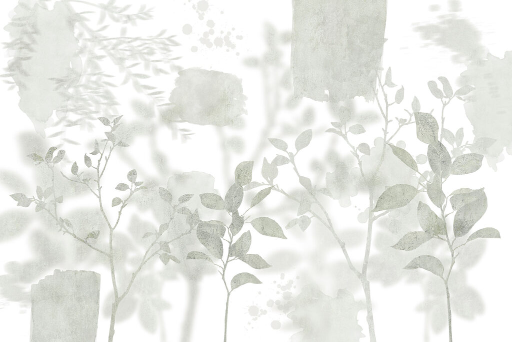 White and gray background with leaves and brush strokes