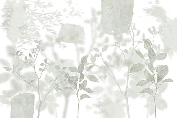 White and gray background with leaves and brush strokes