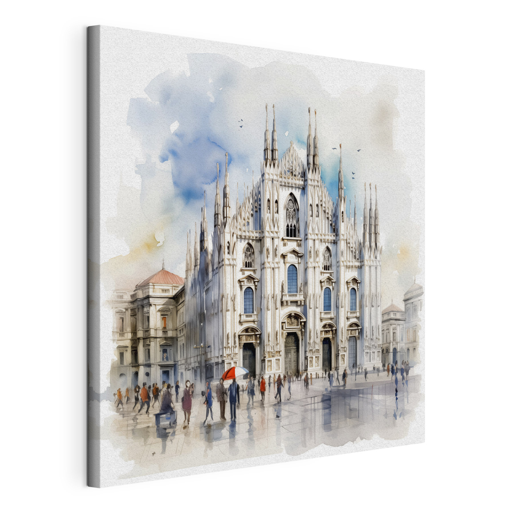 A watercolor of a building with people walking around