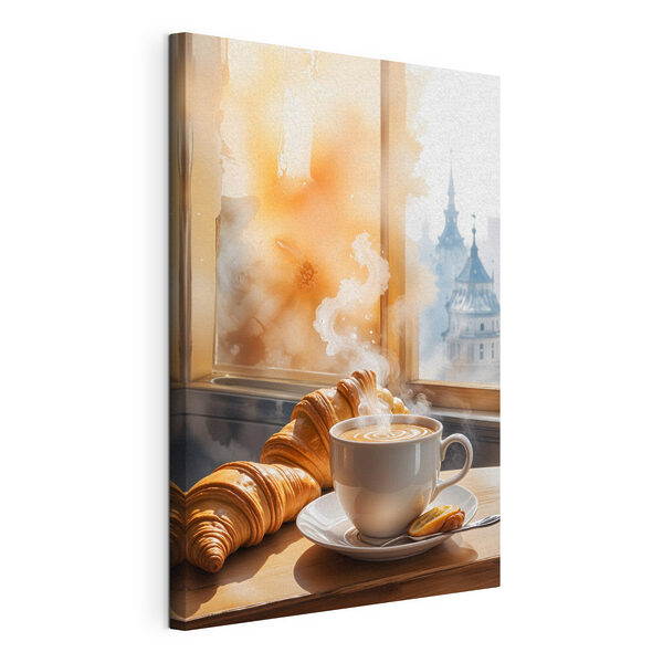 Vászonképek Vászonképek Egy csésze kávé és croissant az asztalon (Cikkszám: s40405)