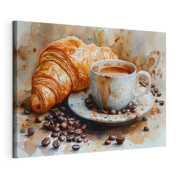 Akvarell egy csésze kávéval és egy croissant-tal Vászonképek Akvarell egy csésze kávéval és egy croissant-tal