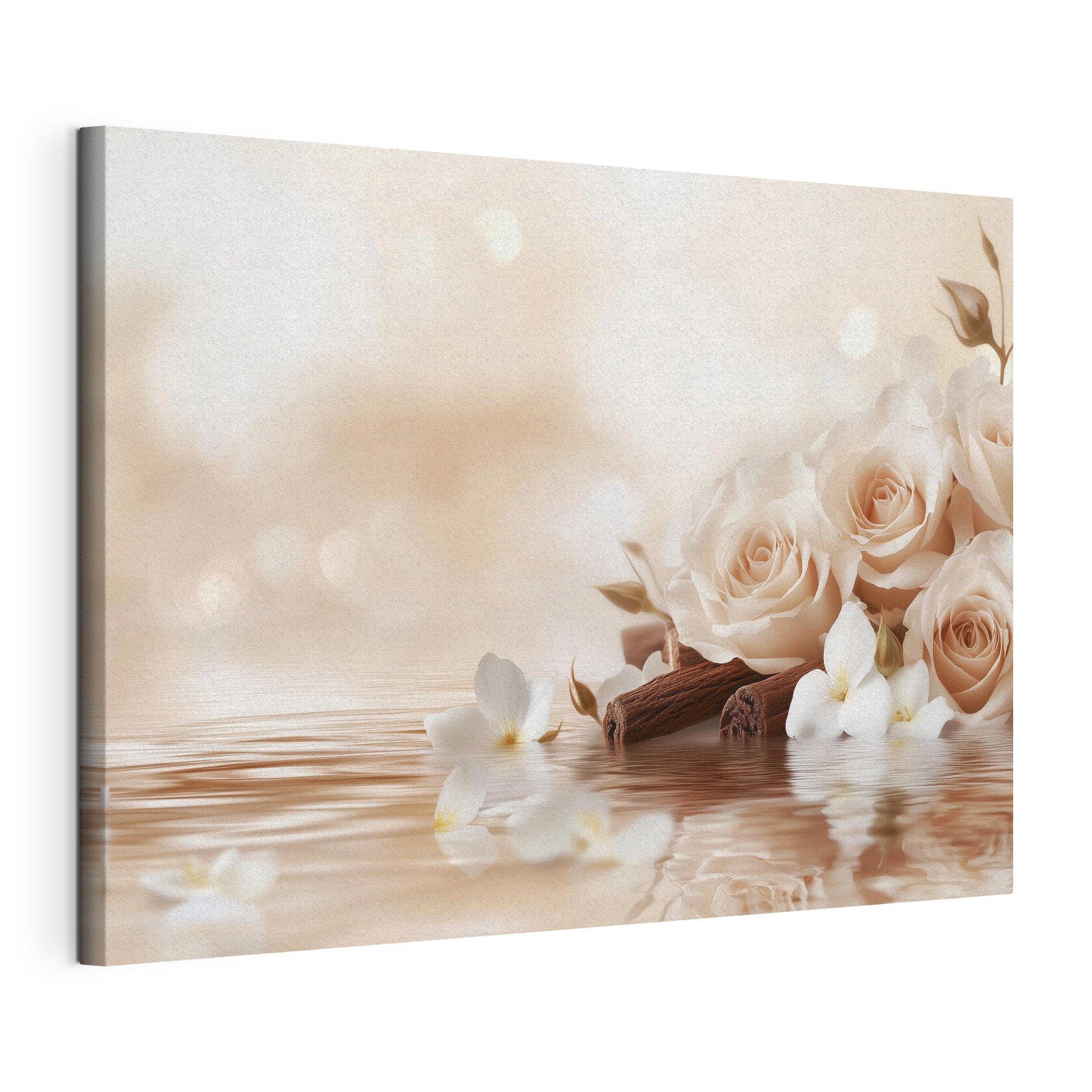 Group of white roses and cinnamon sticks in water