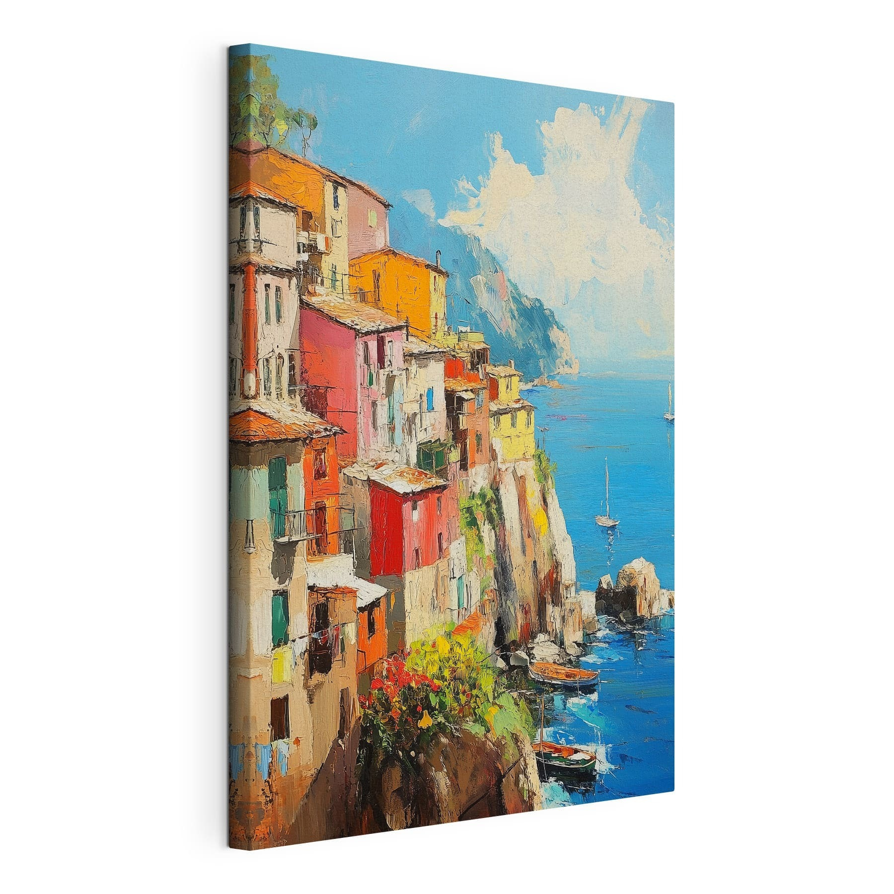 Painting of a colorful town on a cliff by the water Painting of a colorful town on a cliff by the water