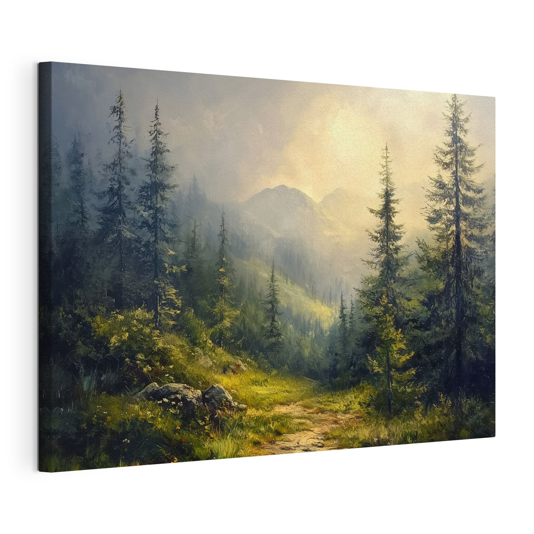 Painting of a forest with mountains and trees Painting of a forest with mountains and trees
