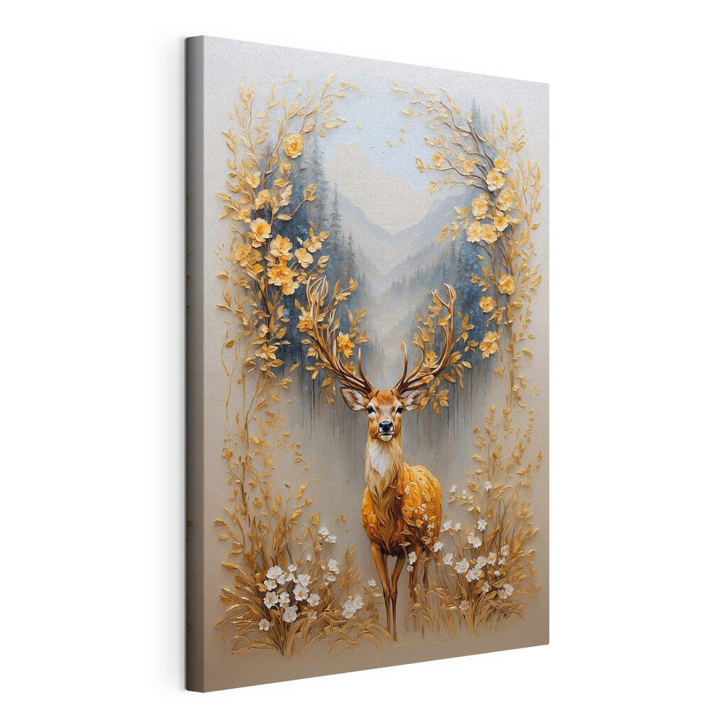 Painting of a deer with flowers and mountains