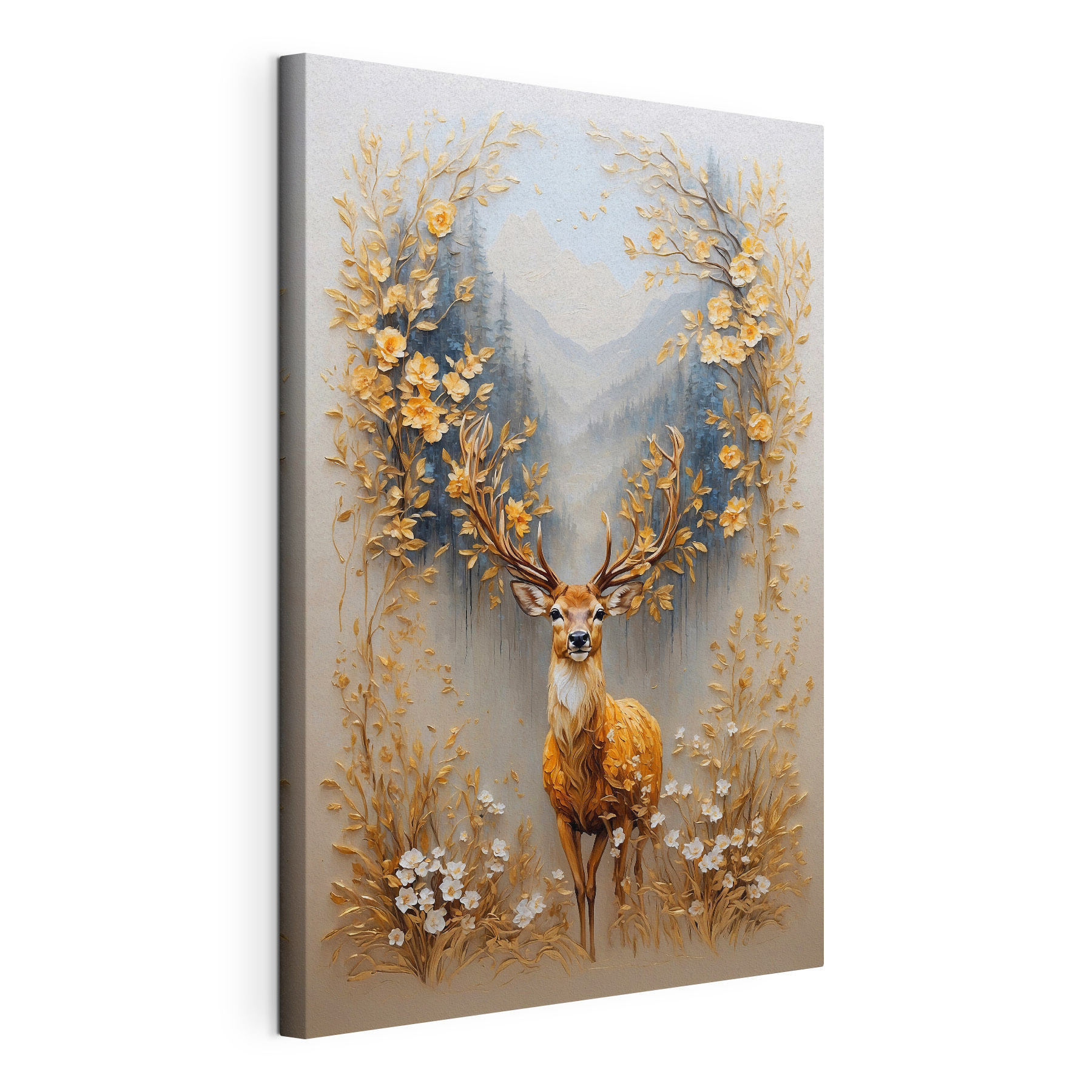 Painting of a deer with flowers and mountains