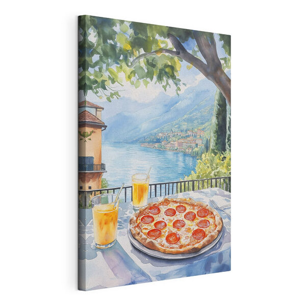 Vászonképek Vászonképek Akvarell festmény egy pizza és italok egy asztalon (Cikkszám: s42436)