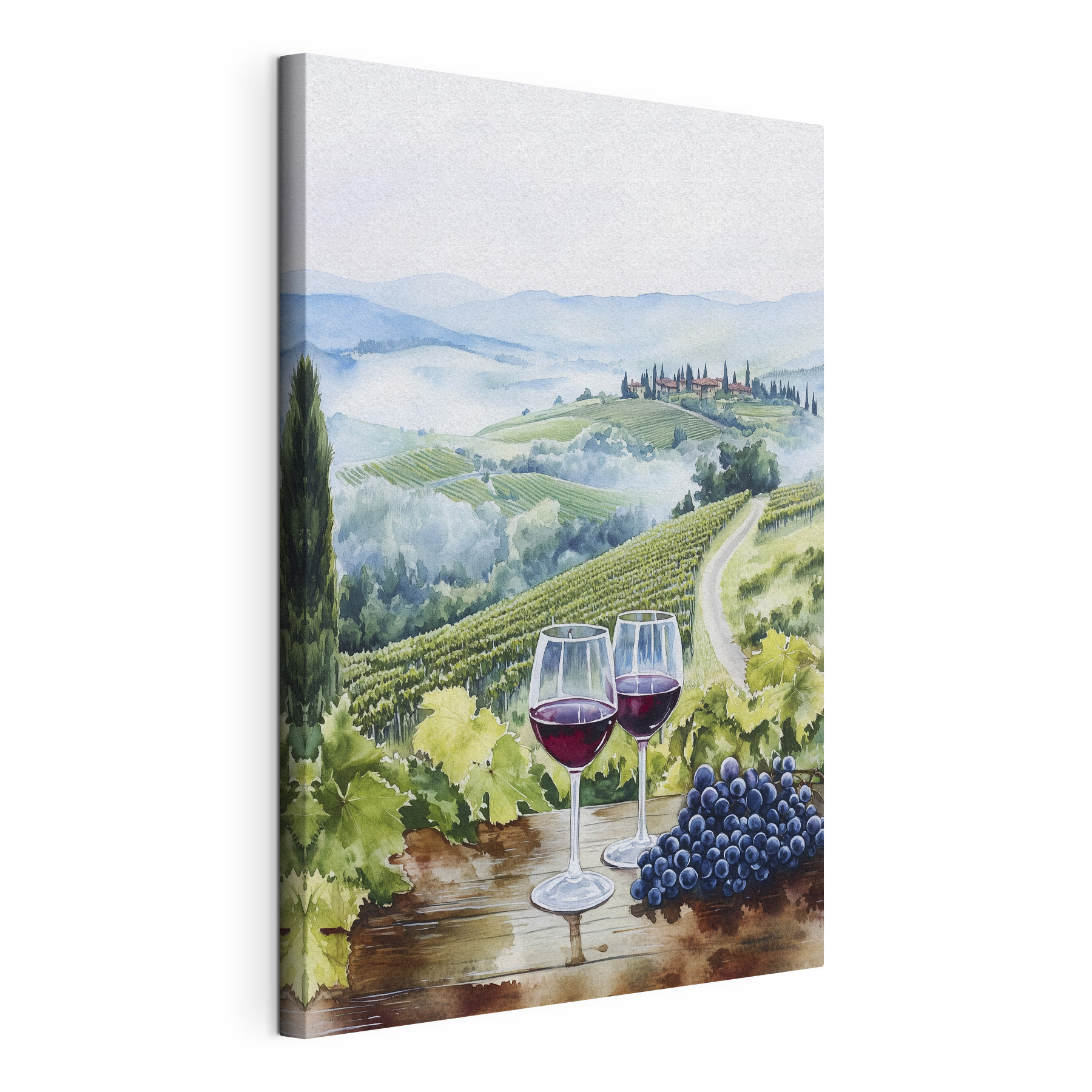 Watercolor of wine glasses on a table with grapes and hills in the background Watercolor of wine glasses on a table with grapes and hills in the background