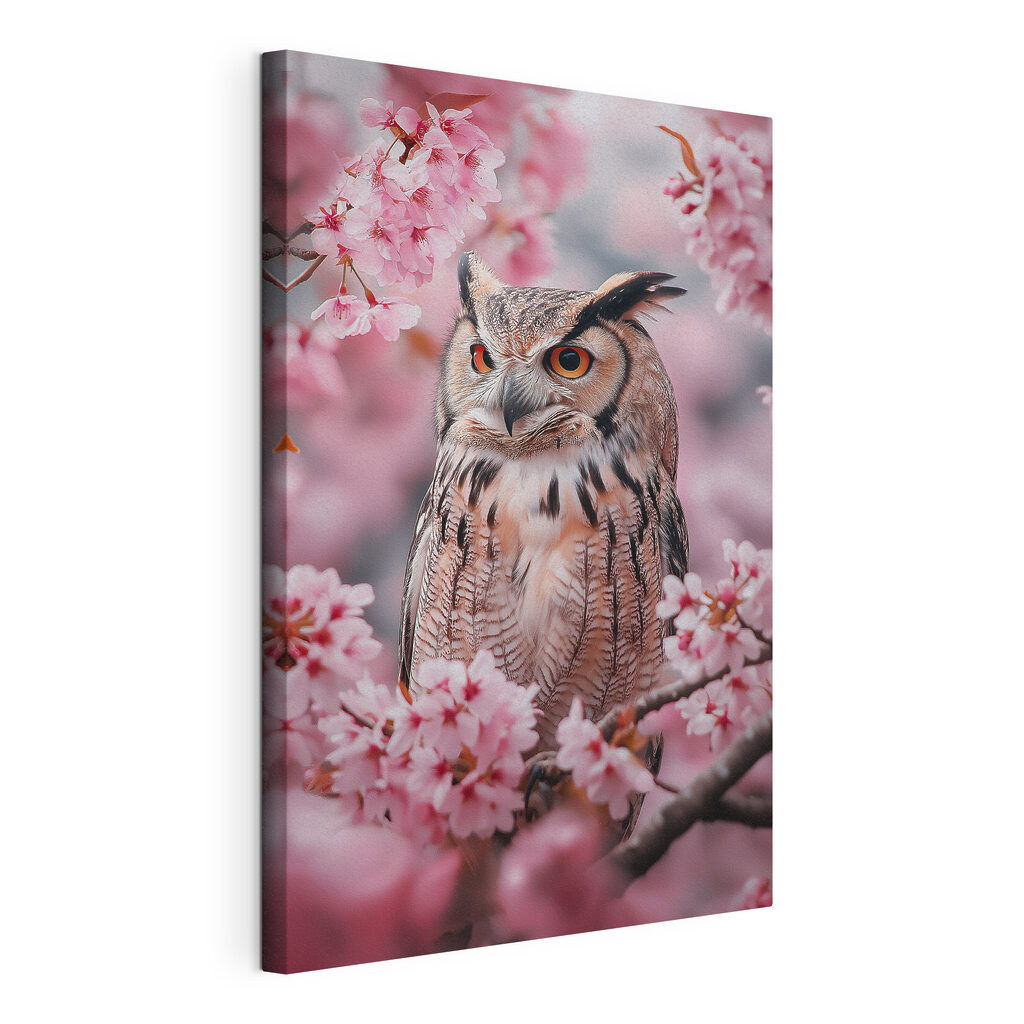 An owl in a tree with pink flowers