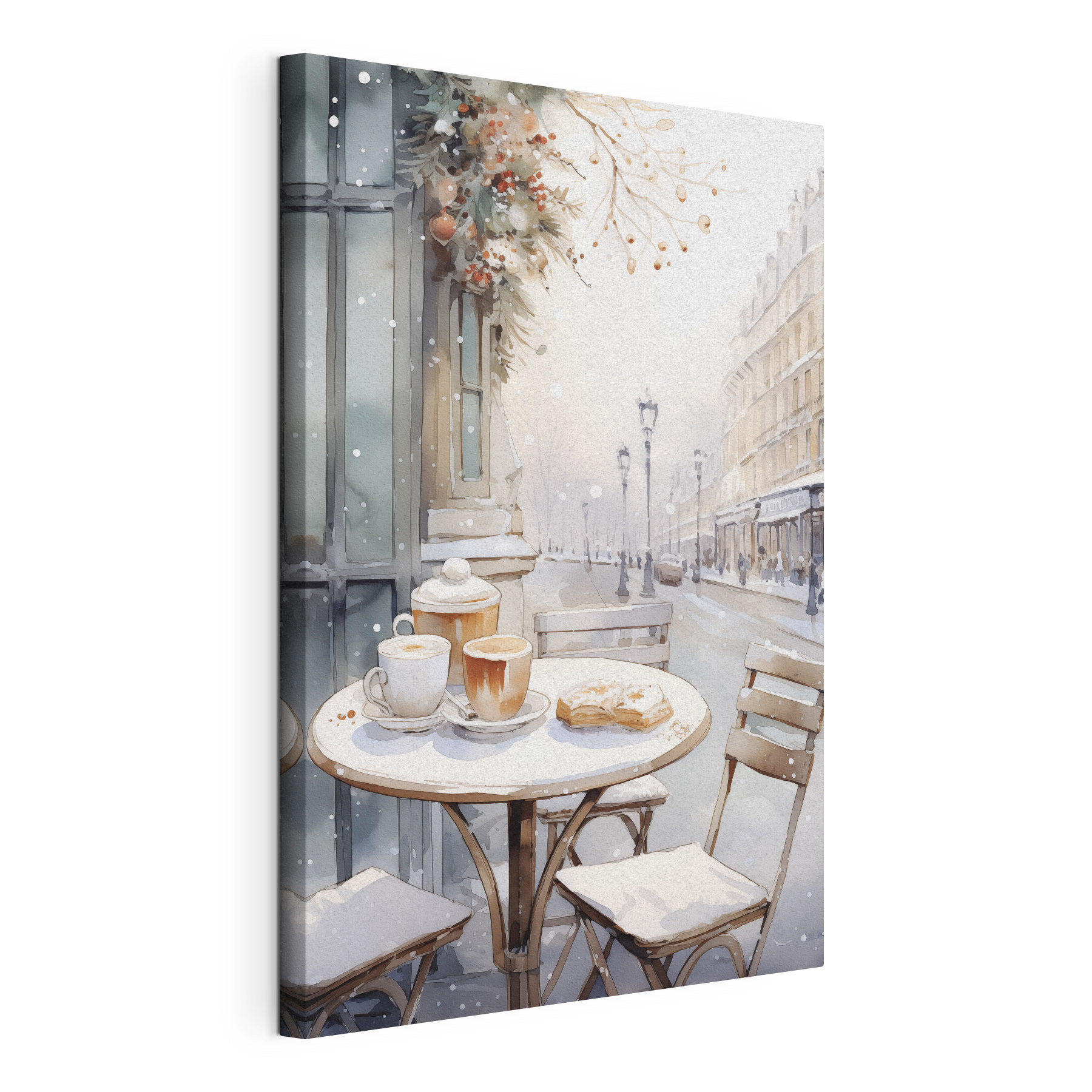 Table with coffee cups and croissants on it