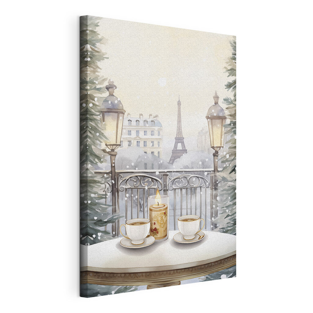 Painting of a tea set on a balcony with a tall tower in the background