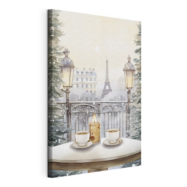 Painting of a tea set on a balcony with a tall tower in the background