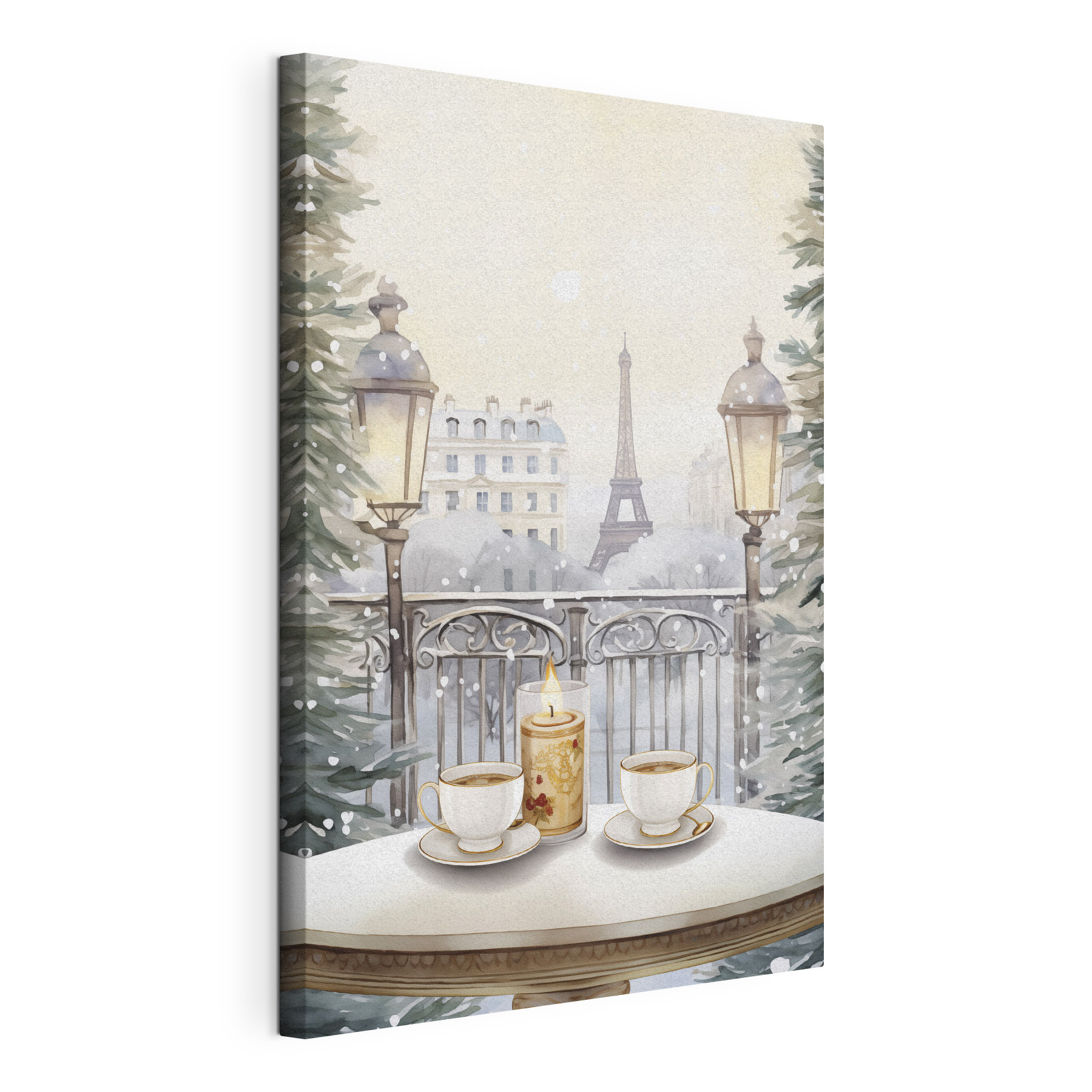 Painting of a tea set on a balcony with a tall tower in the background