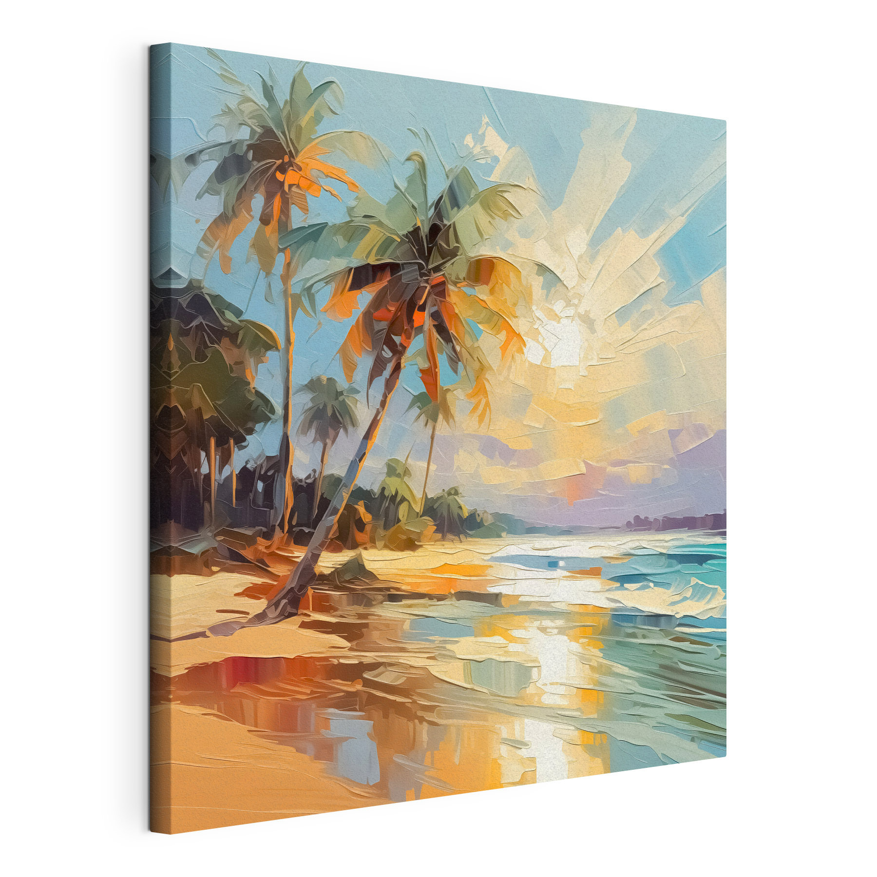 Painting of a beach with palm trees