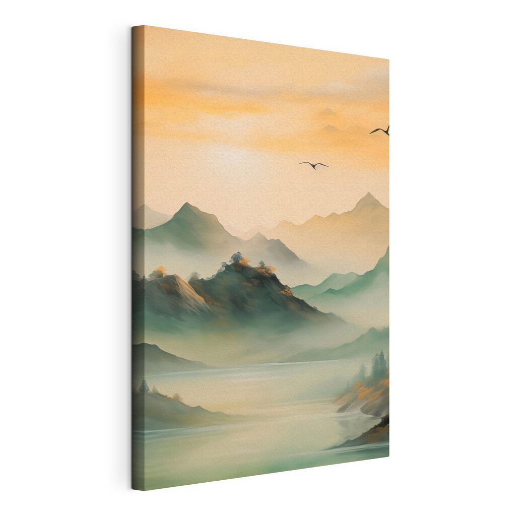 Birds flying over mountains