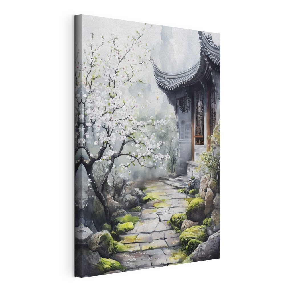 Painting of a building with a tree and flowers