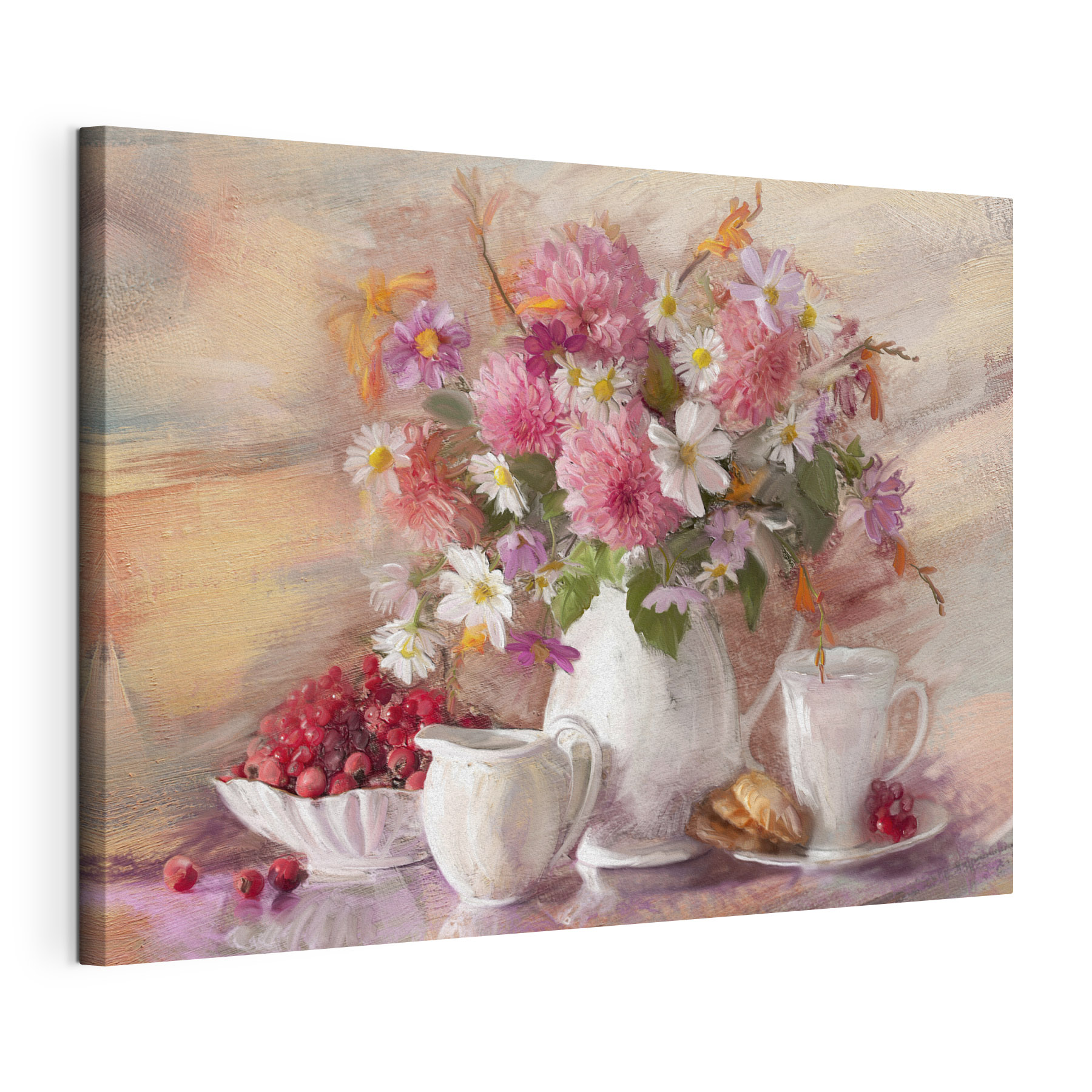 A painting of flowers in a vase and a bowl of food