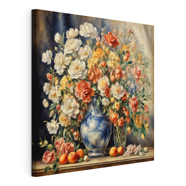A painting of flowers in a vase and fruit A painting of flowers in a vase and fruit