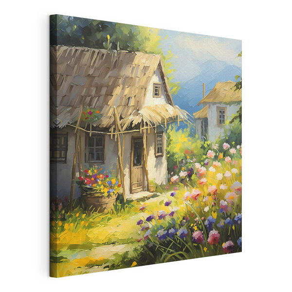 A painting of a house with flowers A painting of a house with flowers