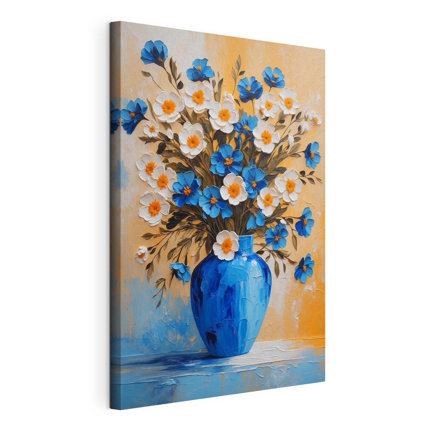 A painting of flowers in a blue vase