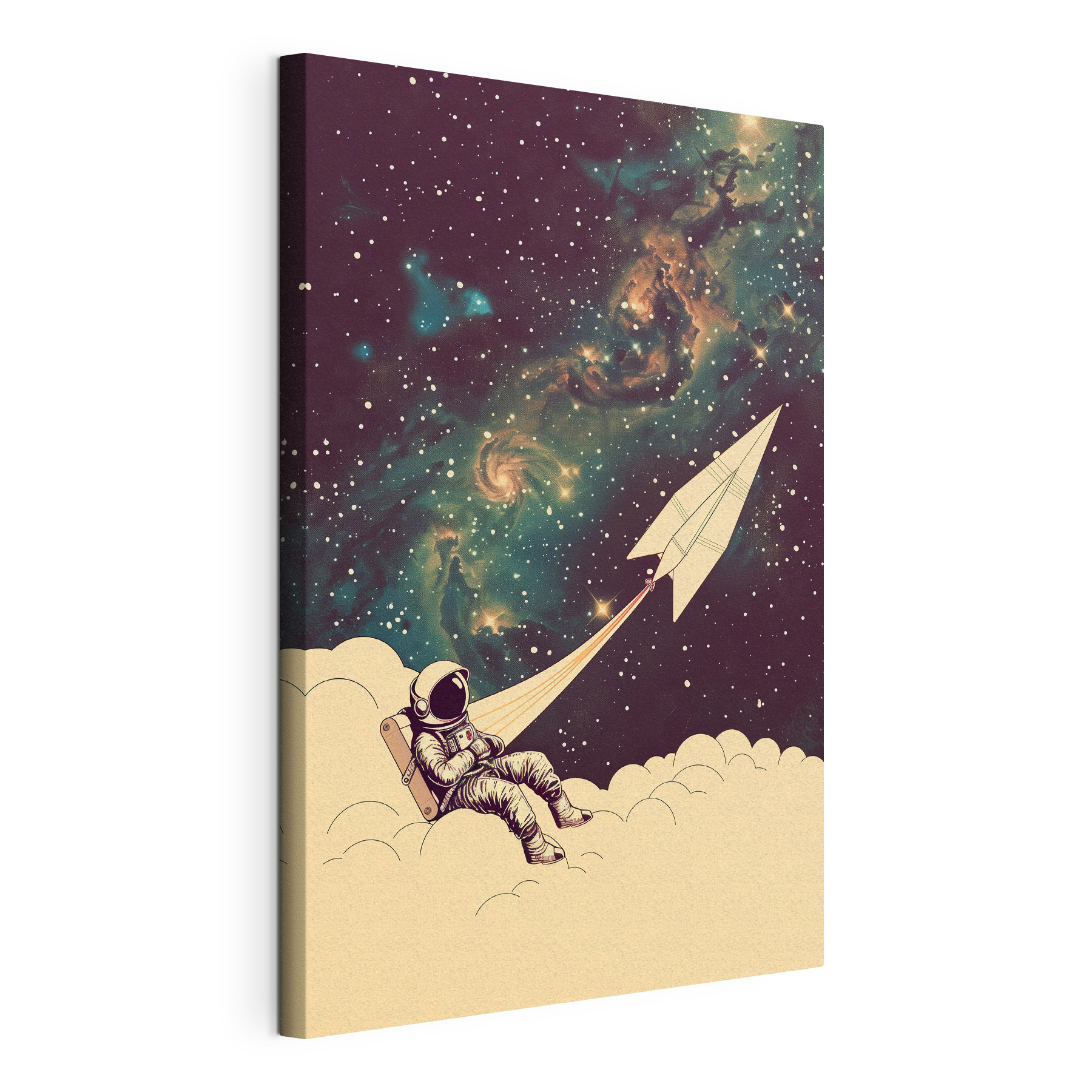 An astronaut sitting on a cloud with a paper plane in the sky