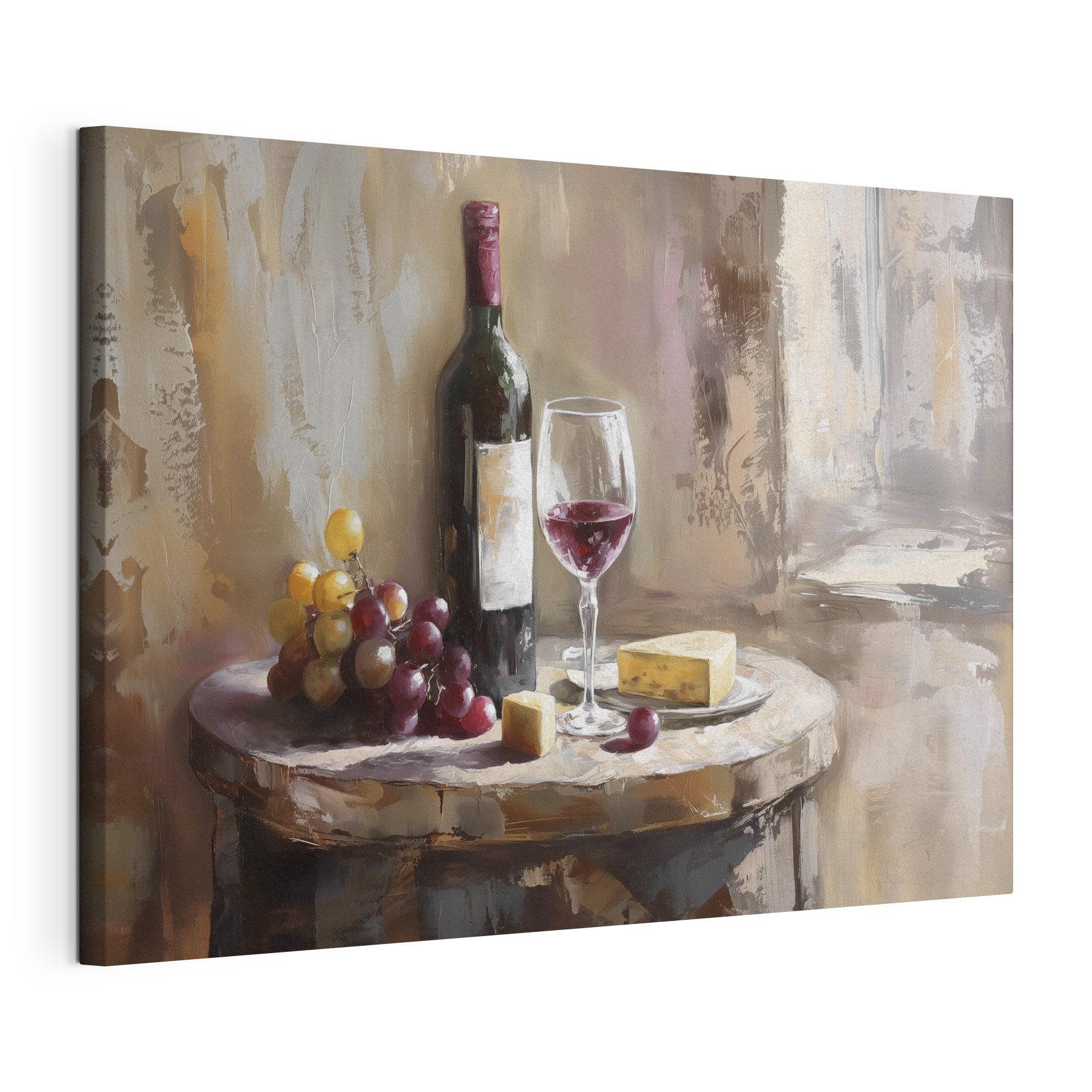 A wine bottle and grapes on a table