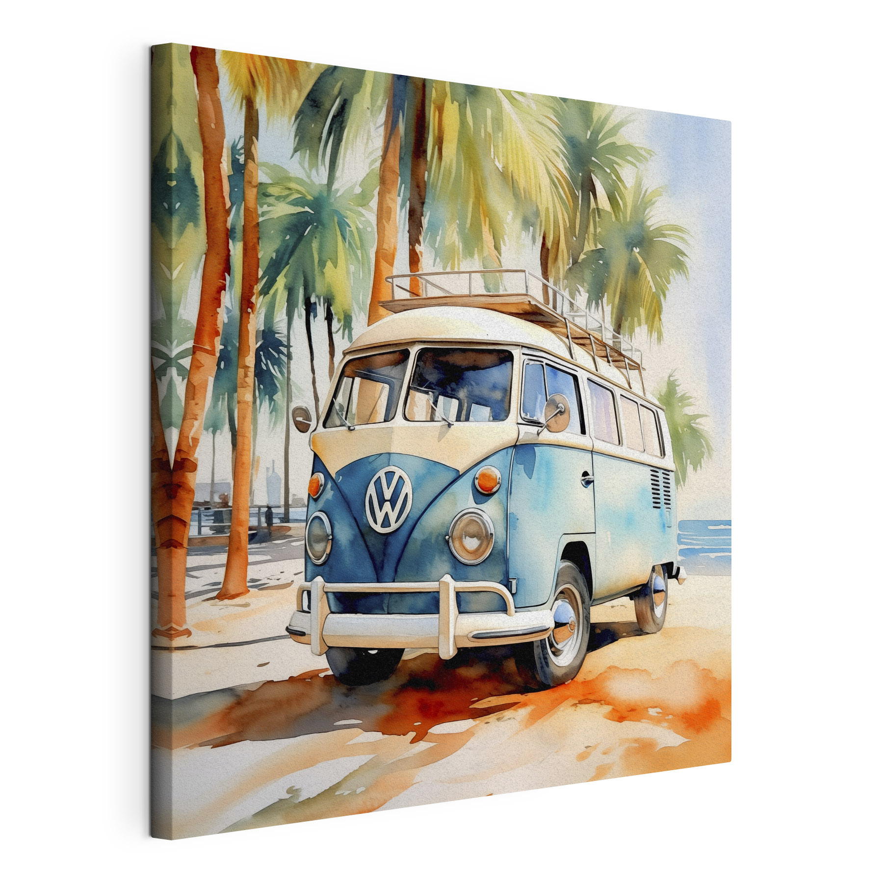 A watercolor of a van parked on a beach A watercolor of a van parked on a beach