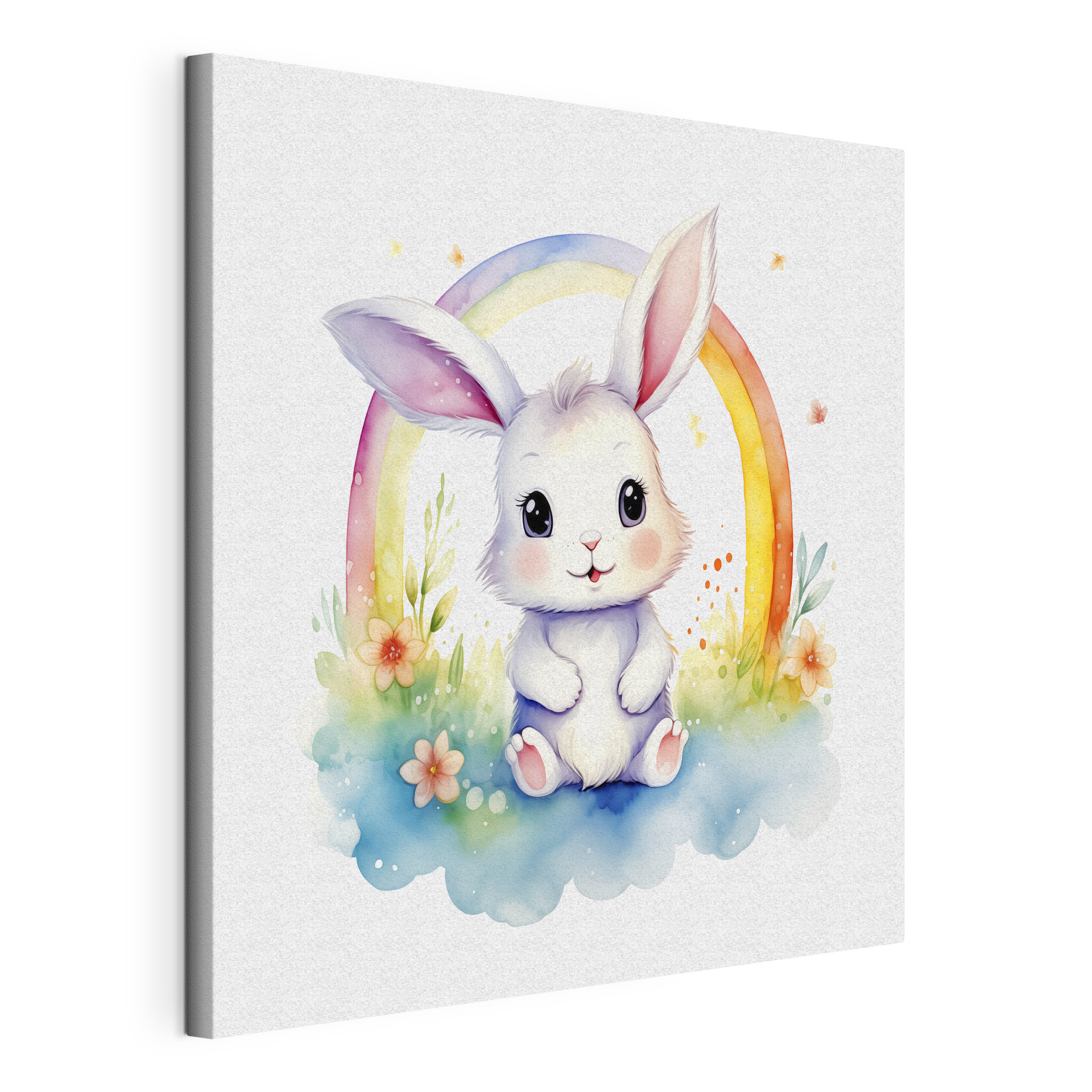 A watercolor of a bunny with a rainbow