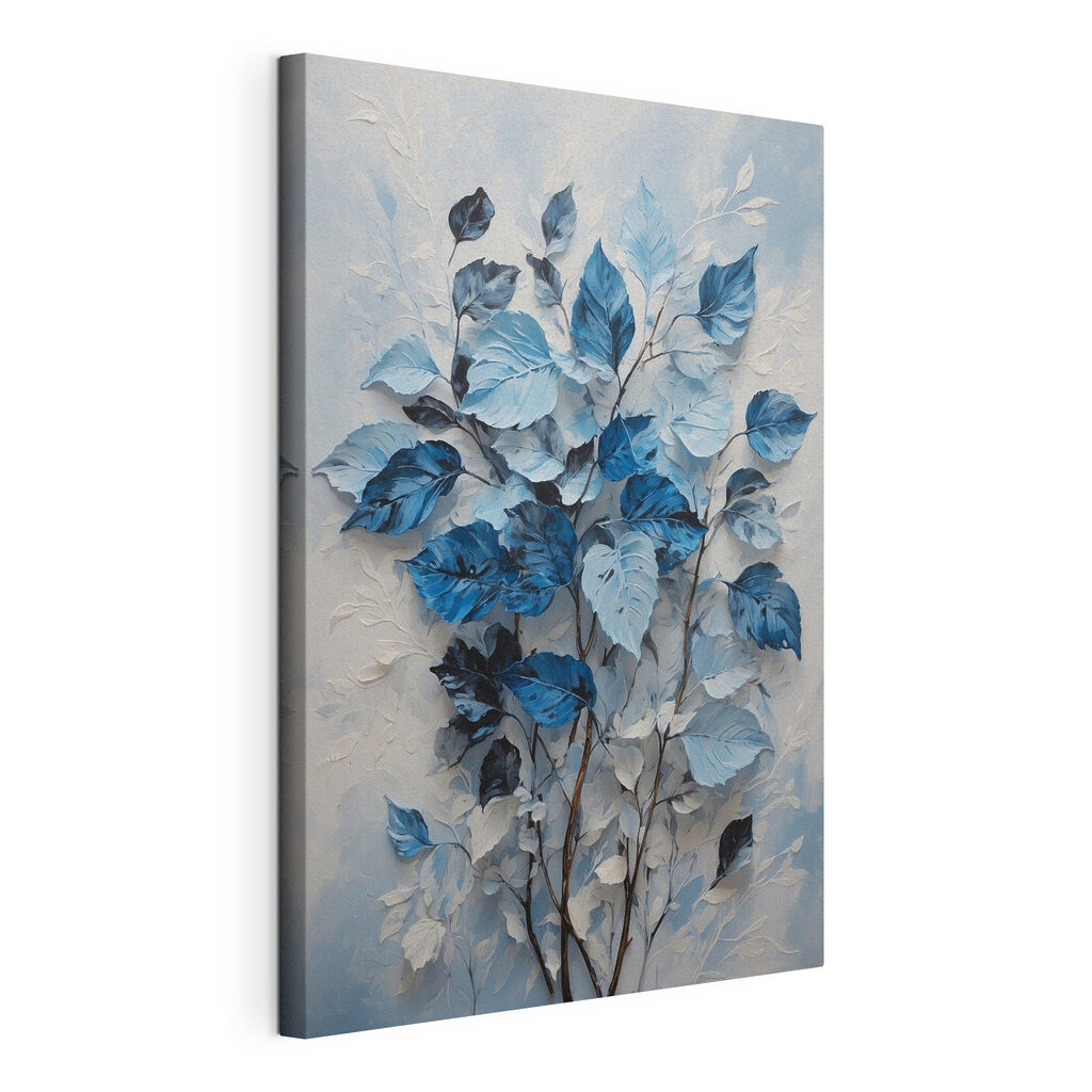 A painting of blue leaves