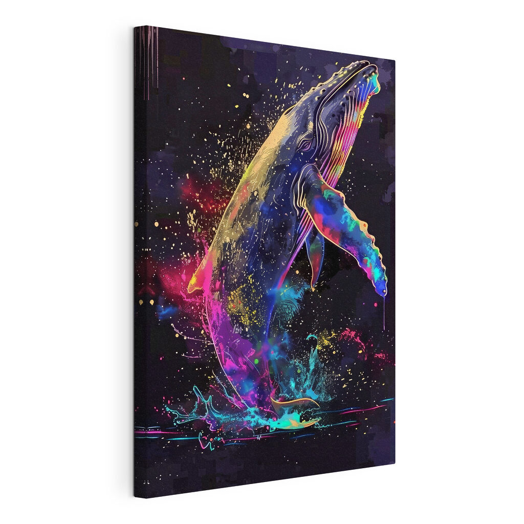 A colorful whale with rainbow splashes