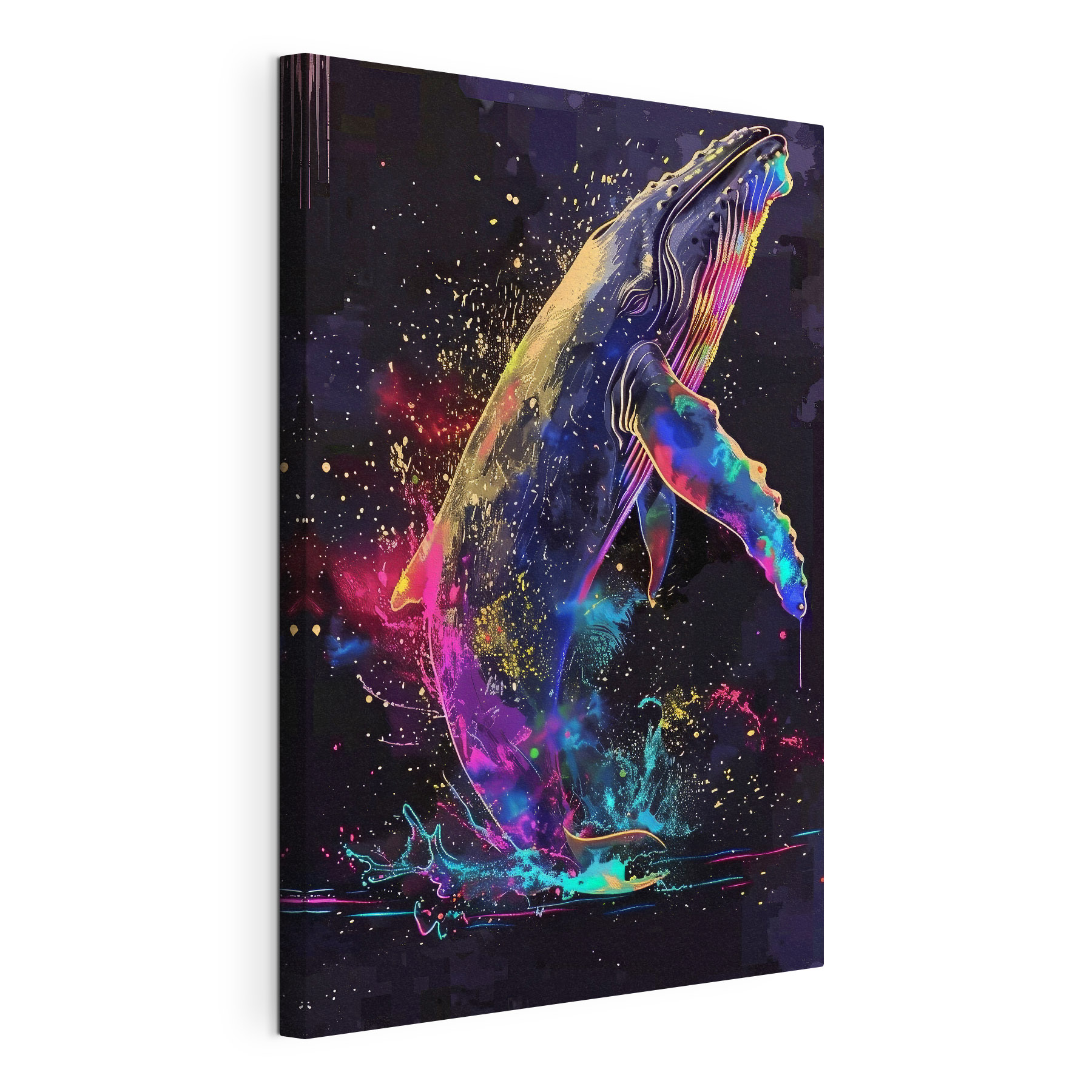 A colorful whale with rainbow splashes