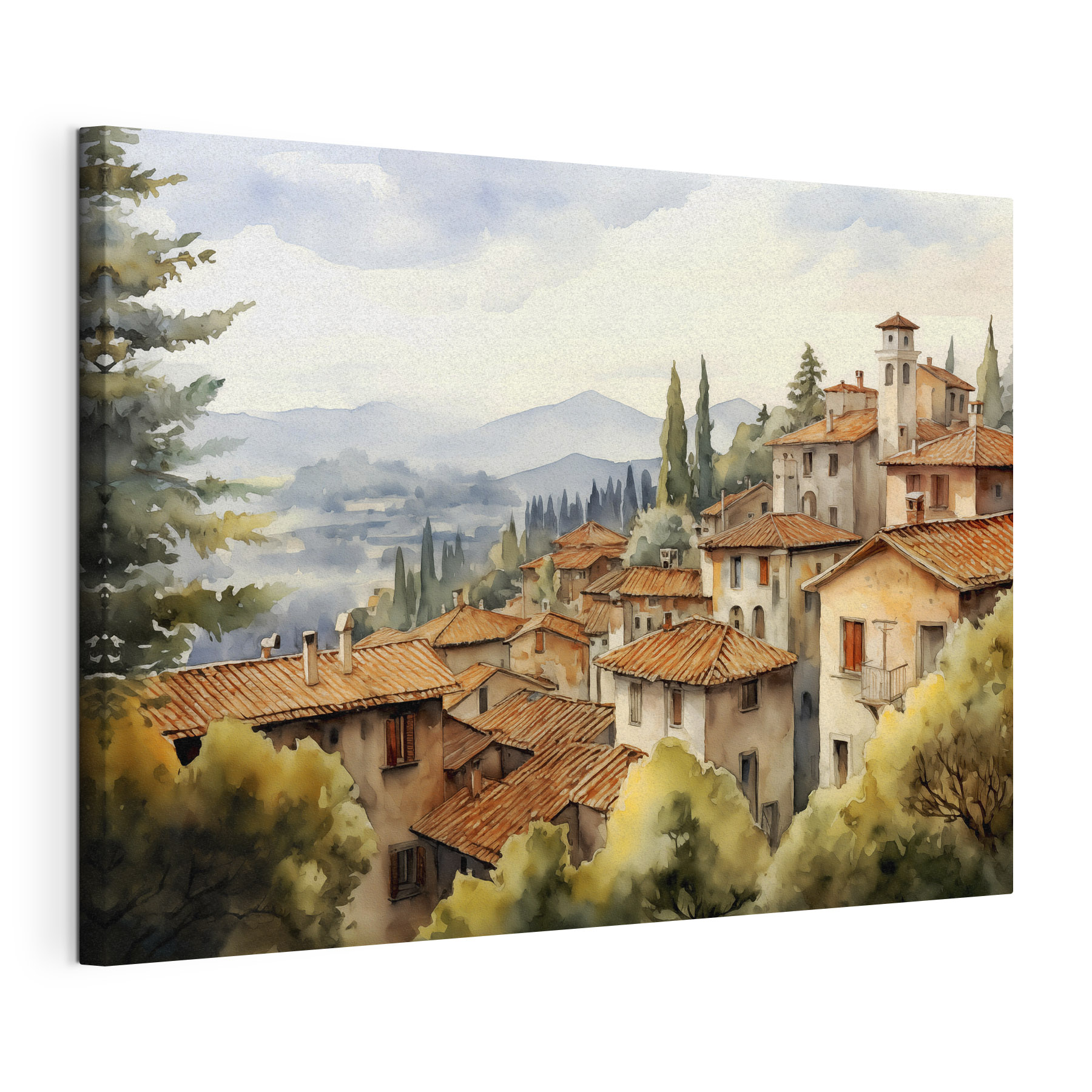 Watercolor painting of a town with many buildings and trees