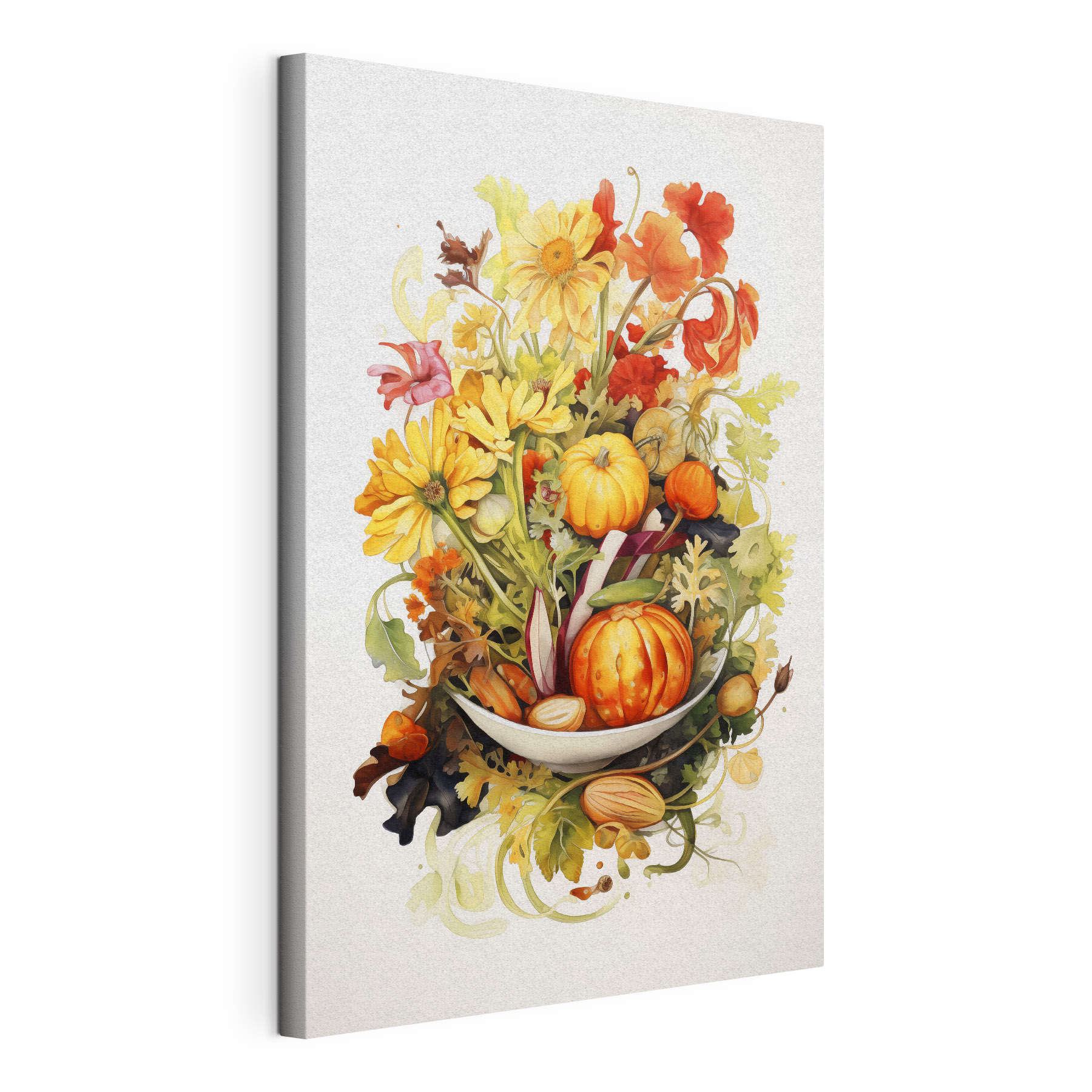 Watercolor painting of vegetables and flowers