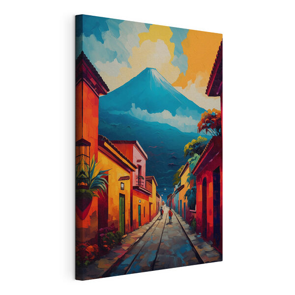 Painting of a street with buildings and a mountain in the background