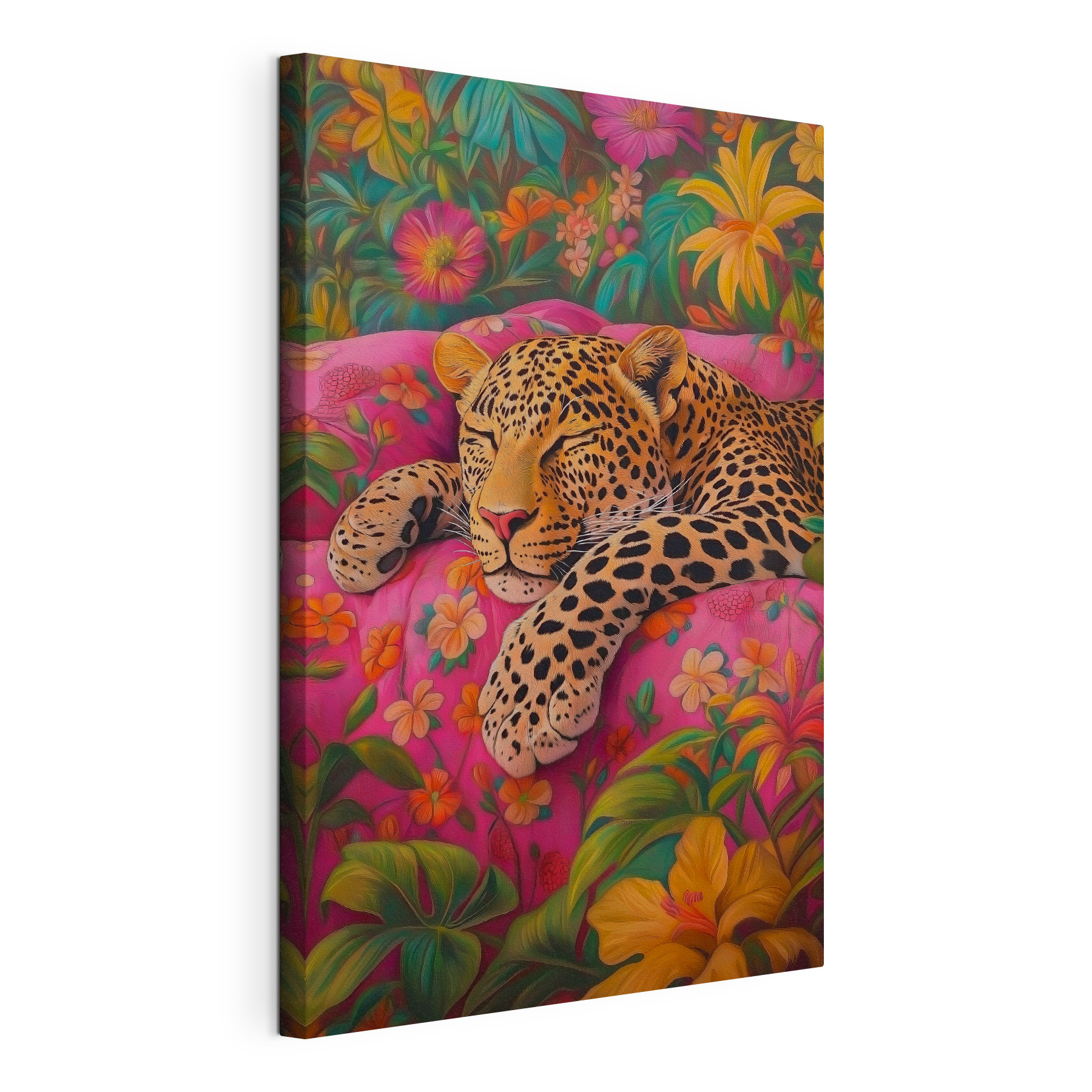 Leopard sleeping on a pink couch Leopard sleeping on a pink couch