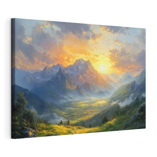 Landscape of mountains and a valley with clouds and sun