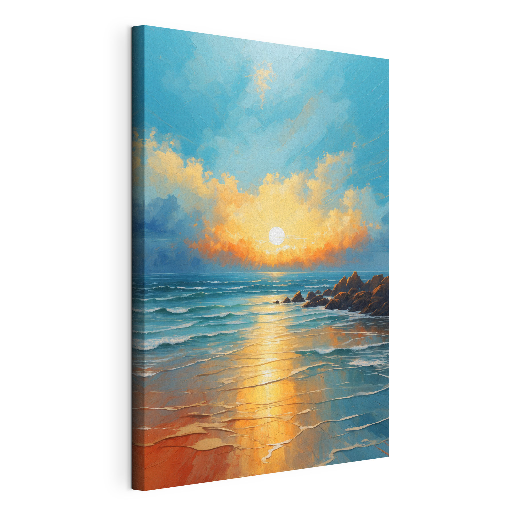 Painting of a beach with rocks and water and the sun