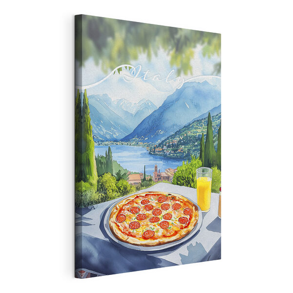 Vászonképek Pizza és gyümölcslé egy asztalon hegyekkel és fákkal